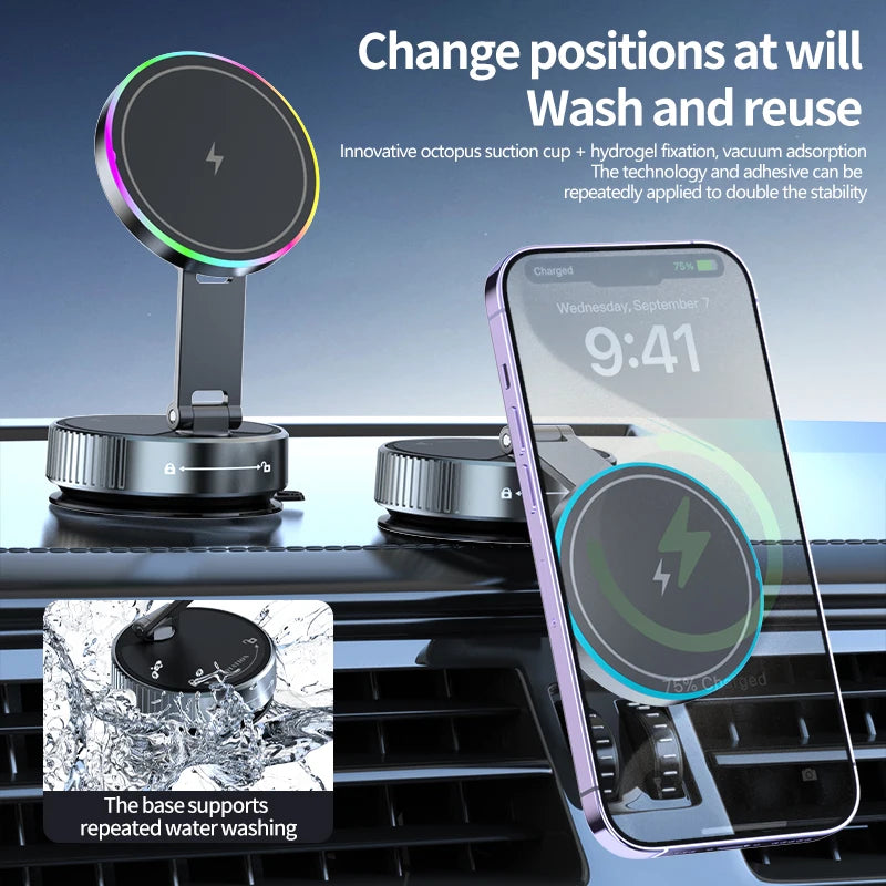 15W Magnetic Wireless Car Charger with Vacuum Adsorption Dashboard Mount for Tesla MagSafe Compatible with iPhone 16, 15, 14, 13, 12